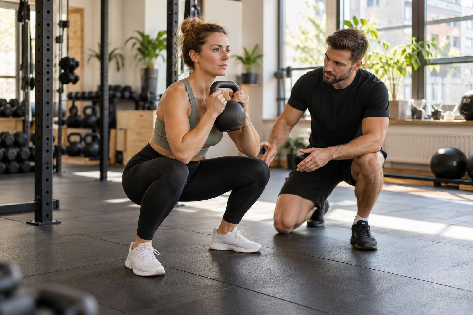 Trener personalny podczas treningu z&nbsp;klientką